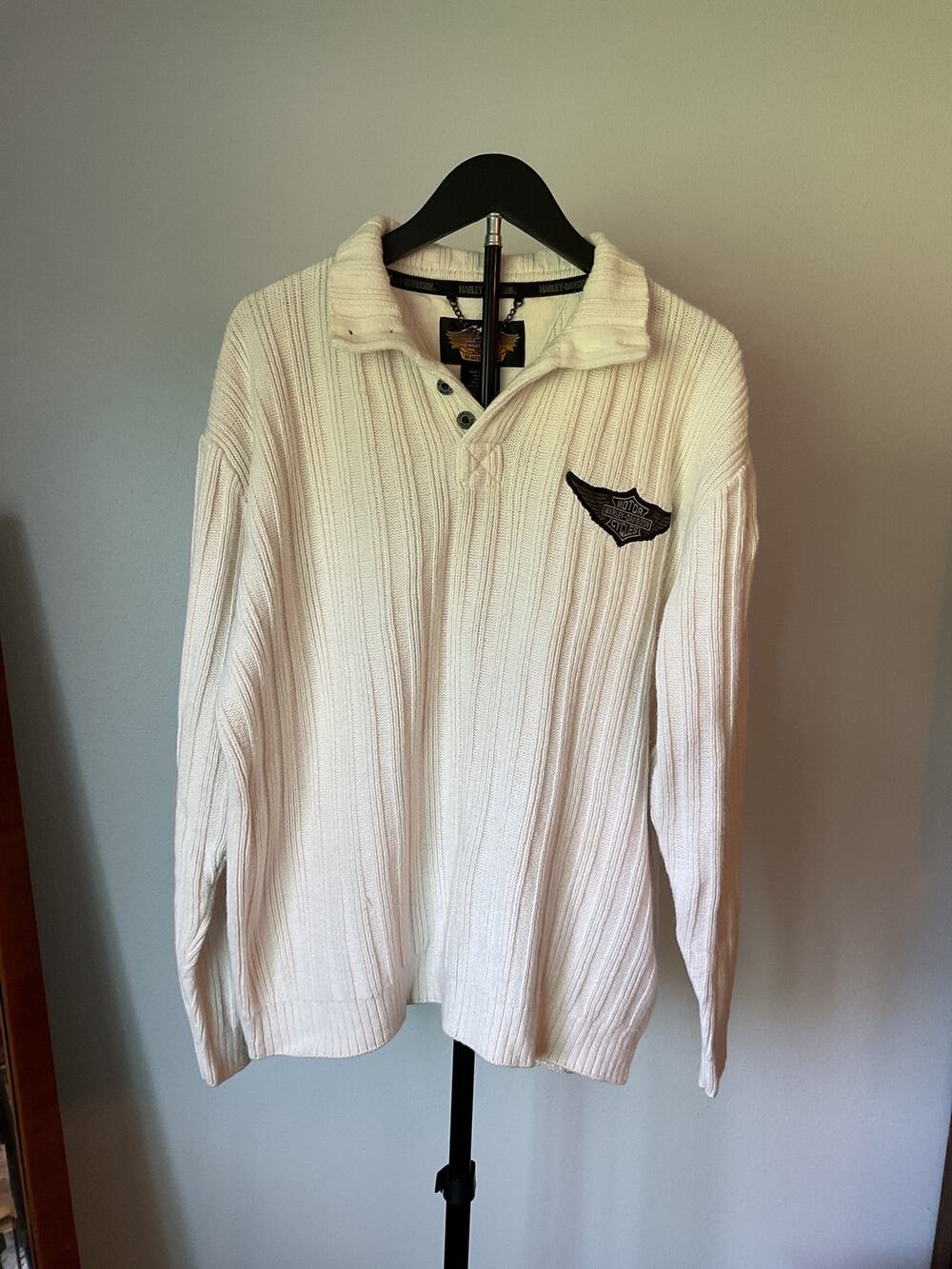 Vintage Harley Davidson Big Embroidered Back Logo Button Henley Sweater L